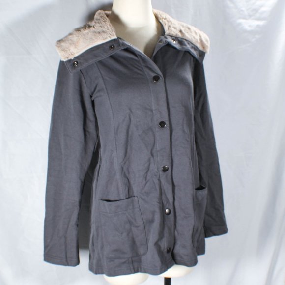 Merona Ash Gray Lightweight Jacket with Cream Tan Faux Fur Collar – Size Large - Picture 4 of 7